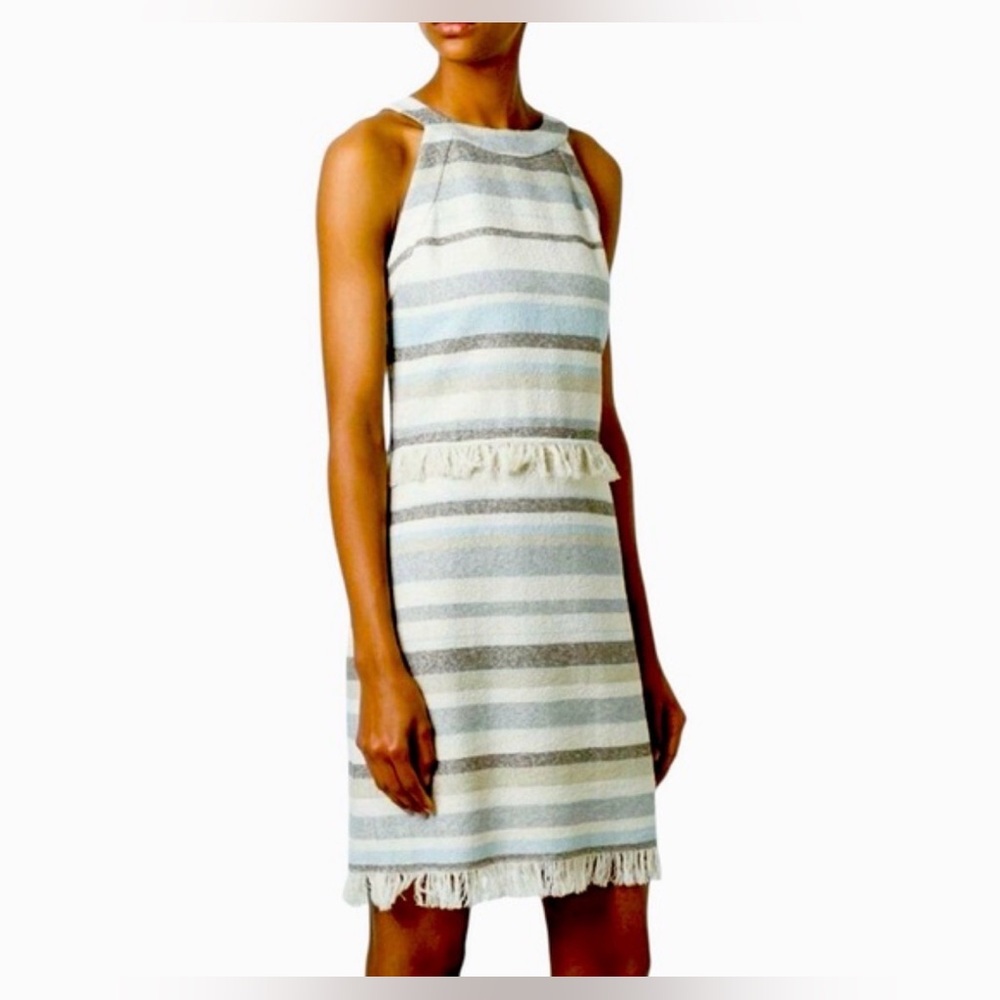 Tory Burch Jane stripe light blue woven sleeveless fringe sheath dress 6 $325 - Picture 3 of 11